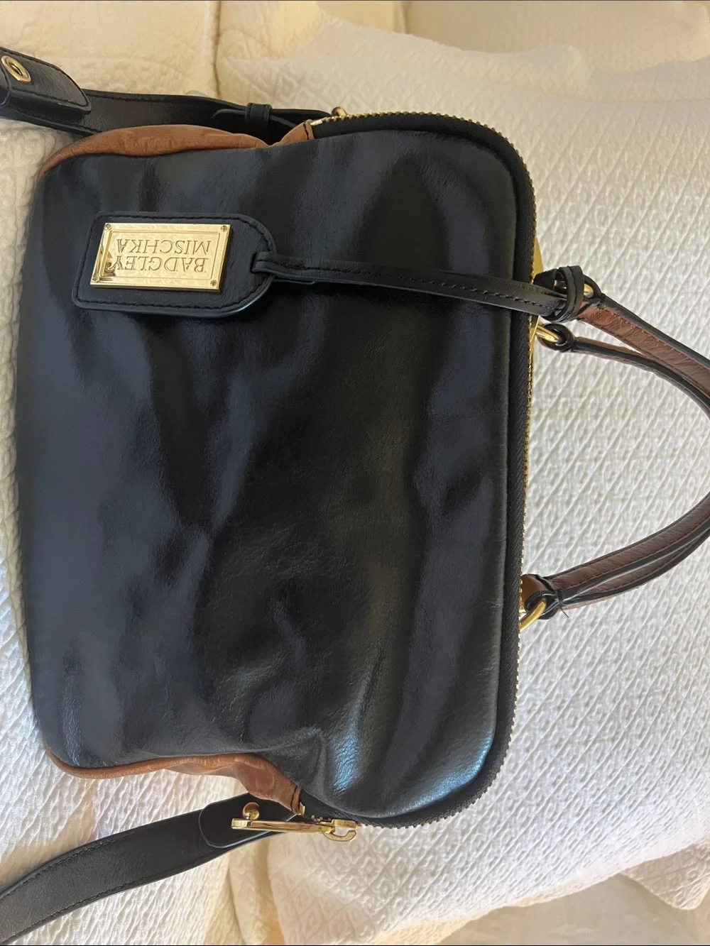 Badgley Mischka Black and Brown Two-Tone Leather Laptop Bag